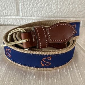 Barron’s Hunter Blue & Orange Grosgrain Leather Tab Belt Solid Brass 38 EUC